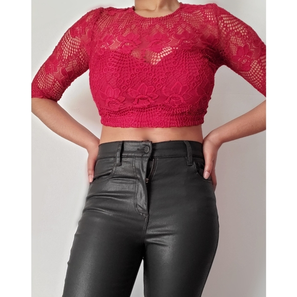 Lace Crop top, Red, sweetheart, Size M - Picture 3 of 6